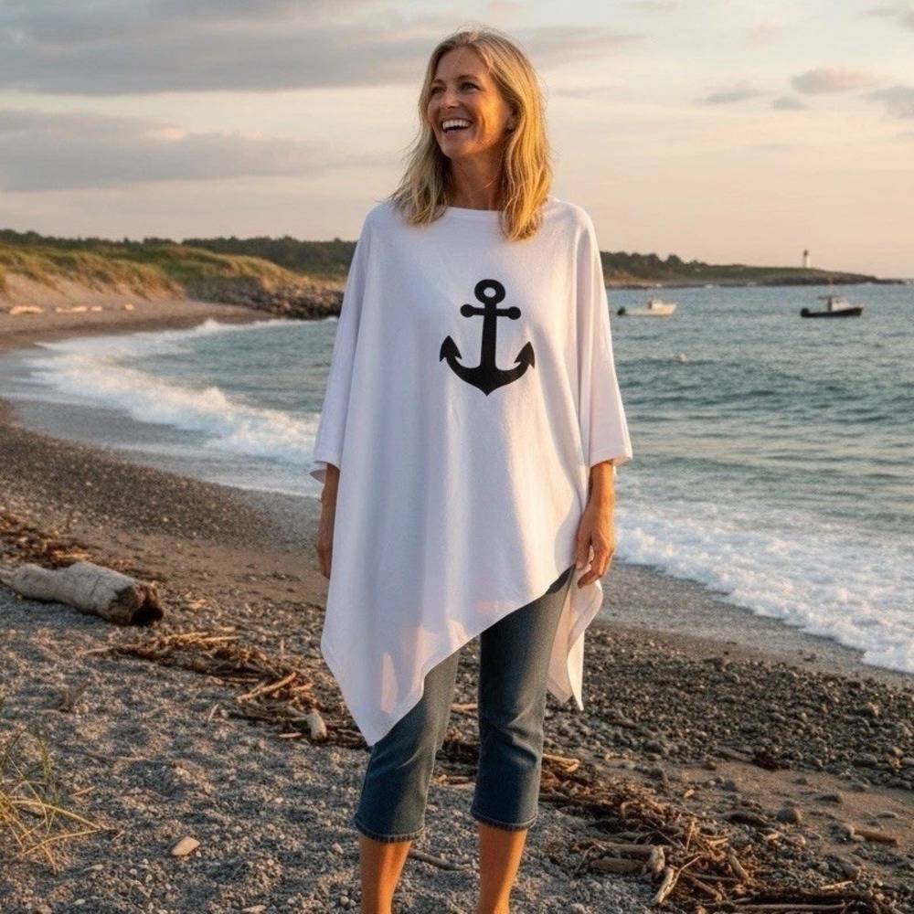 Nautical Asymmetrical Knit Poncho Anchor-Beach‎ Blue White Sweater Top It Off